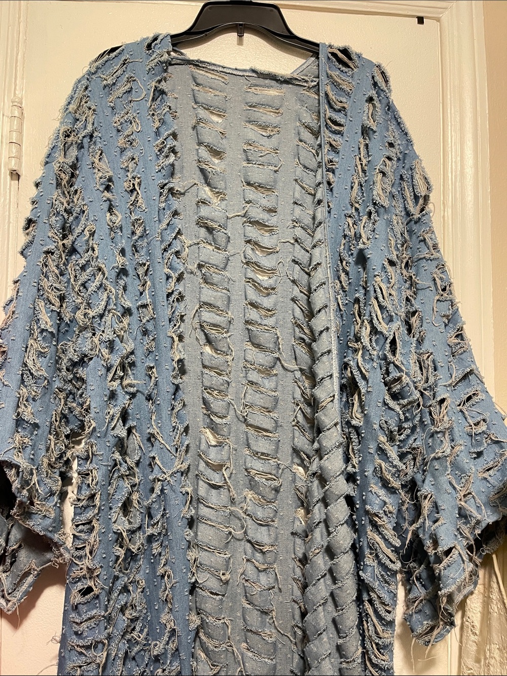 Distressed Open Knit Denim Blue Duster Cardigan - Picture 3 of 6